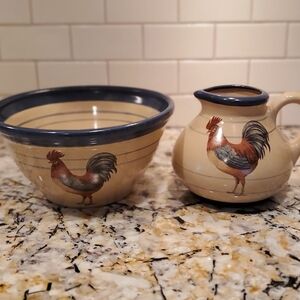 Heather Stone Pitcher & Bowl Rooster + Stripes Country Cream + Blue Ceramic VTG